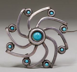 Vintage Mexican Silver & Turquoise Spiral Brooch
