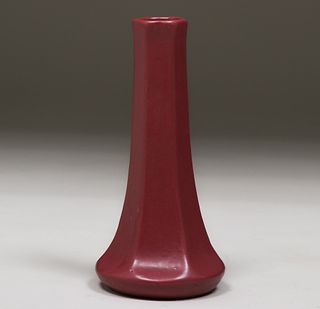 Zanesville Stoneware Matte Red Six-Sided Vase c1920s