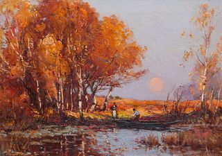 Arts & Crafts Tonalist Painting Autumn Sunset c1910