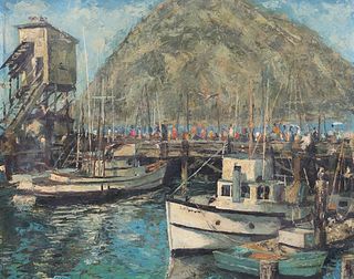 Large Morro Bay Harbor Painting c1940s