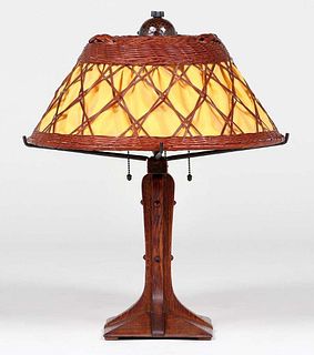 Gustav Stickley Oak & Wicker Lamp c1910