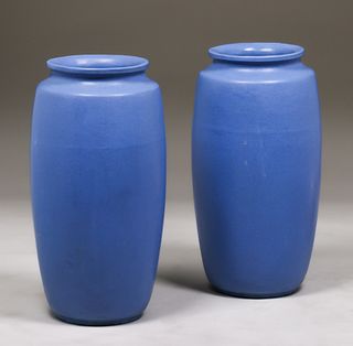 Pair Teco Matte Blue Garden Urns c1910