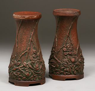 Pair Peters & Reed Moss Aztec Pedestals c1920