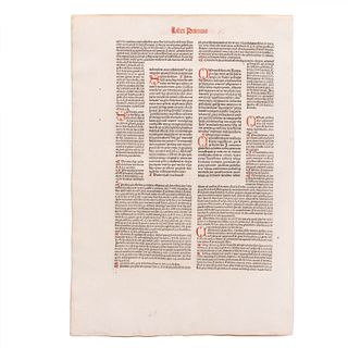 Drach, Peter. Hoja Incunable. Libro Primero. De la obra "Los Decretales del Papa Gregorio IX". Impresa en Espira (hoy Alemania).