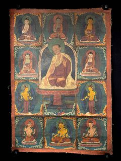 Vintage Tibetan Thangka - Lama & Deities