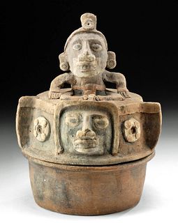 Maya Pottery Lidded Cache Vessel w/ Deity