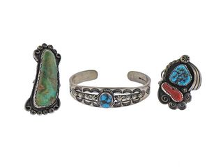 Native American Navajo Dan Oliver Sterling Turquoise Coral RIng Bracelet Lot 
