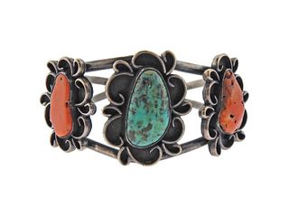 Native American Sterling Turquoise Coral Cuff Bracelet 