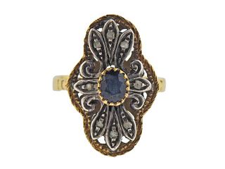 18k Gold Silver Blue Stone Rose Cut Diamond Ring