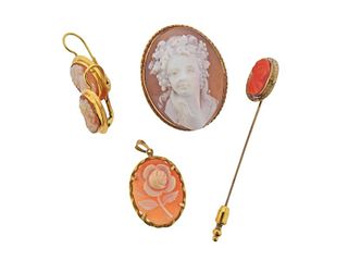 Antique Gold Cameo Brooch Pin Earrings Set 