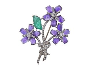 Platinum Amethyst Emerald Diamond Flower Brooch Pin 