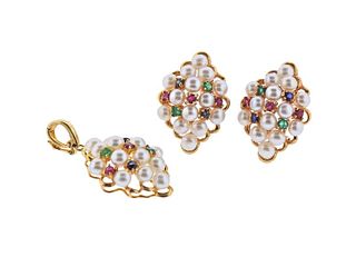 Mid Century 14k Gold Pearl Multicolor Gemstone Earring Pendant Set