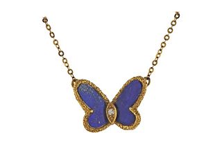 Van Cleef & Arpels Lapis Diamond Butterfly Pendant 18k Gold Necklace 