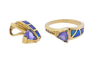 14k Gold Tanzanite Opal Diamond Ring Pendant Set 