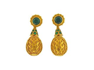 22k Gold Green Stone Drop Earrings 