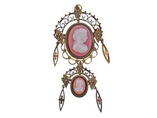 Antique Victorian 14k Gold Agate Cameo Brooch Pendant 