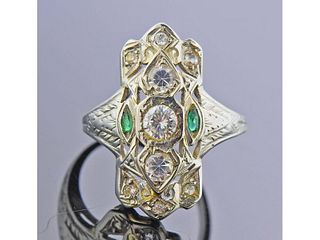 Art Deco 18k Gold Diamond Emerald Ring 