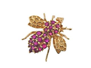 14k Gold Ruby Bee Insect Brooch Pin 