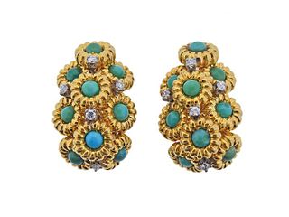 1960s 18k Gold Diamond Turquoise Earrings 