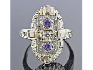 Art Deco 18k Gold Diamond Blue Stone Ring 