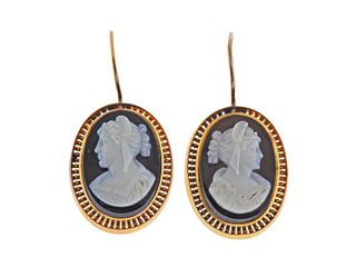 Antique Victorian 14k Gold Hardstone Cameo Earrings 