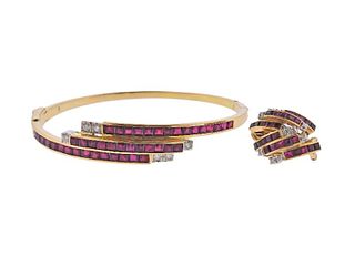 14k Gold Diamond Ruby Earrings Bracelet Set 
