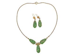Art Deco Carved Jade 14k Gold Earrings Necklace Set 