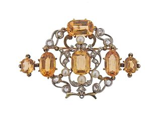 Antique 14k Gold Pearl Diamond Yellow Stone Pendant Brooch 