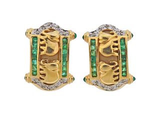 14k Gold Diamond Emerald Elephant Earrings 