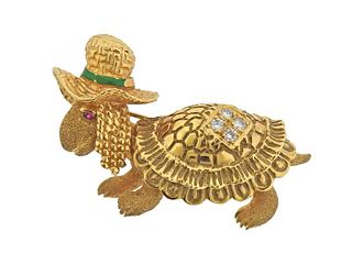 Danfrere 14k Gold Diamond Ruby Enamel Turtle Brooch Pin