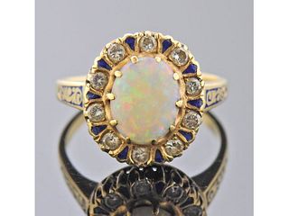 14k Gold Diamond Opal Enamel Ring 