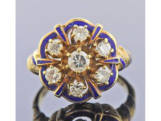14k Gold Blue Enamel Diamond Ring 