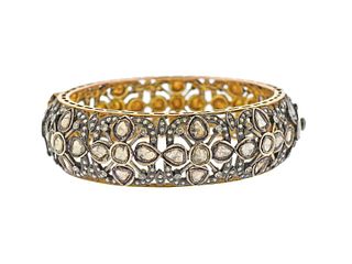18k Gold Silver Rose Cut Diamond Bangle Bracelet 