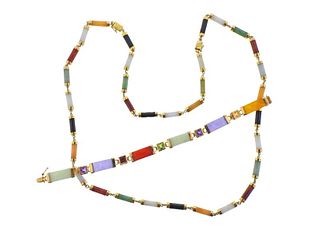 14k Gold Multi Color Jade Necklace Bracelet Set 