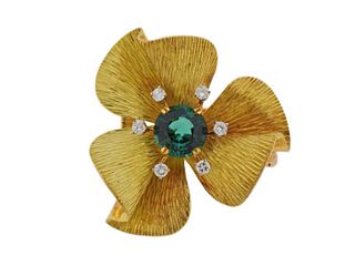 18k Gold Green Tourmaline Diamond Flower Brooch Pin 