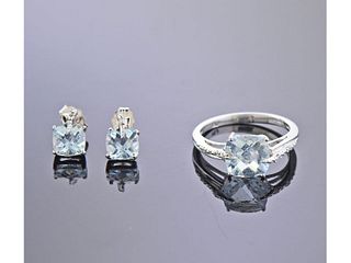 14k Gold Blue Gemstone Diamond Earrings Ring Set 