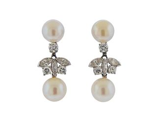 Mid Century 14k Gold Diamond Pearl Drop Earrings