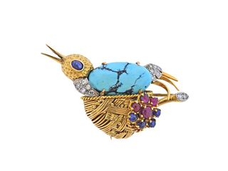 French 18k Gold Diamond Sapphire Ruby Turquoise Bird Nest Brooch 