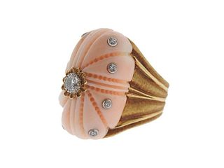 Exquisite Buccellati Carved Coral Diamond Gold Ring
