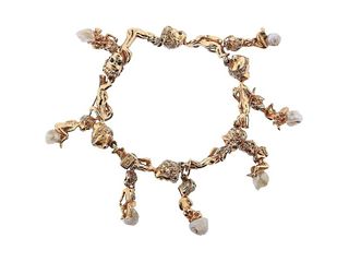 Ruser Retro Gold Pearl Sapphire Cherub Charm Bracelet
