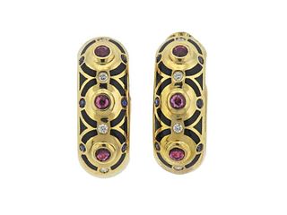 Cartier Diamond Ruby Sapphire Enamel Gold Hoop Earrings