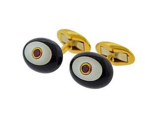 Piaget Ruby Mother of Pearl Onyx Gold Cufflinks