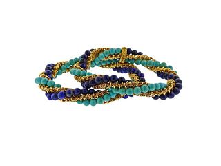 French 1960s Lapis Turquoise Gold Bracelet Set
