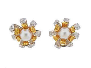 18k Gold South Sea Pearl 8.00cts Yellow White Diamond Earrings 