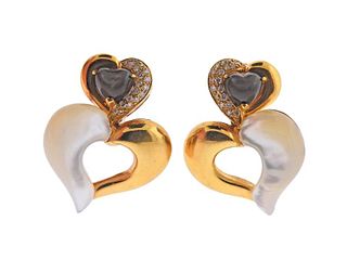 18k Gold Mother of Pearl Diamond Heart Earrings