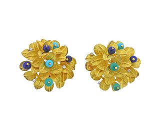 1960s Fasano Diamond Turquoise Lapis Gold Large Earrings 