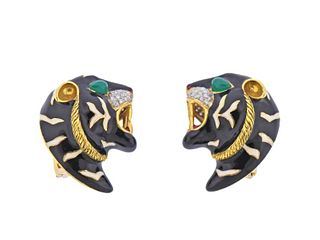 Roberto Legnazzi 18k Gold Enamel Diamond Chrysoprase Panther Earrings 