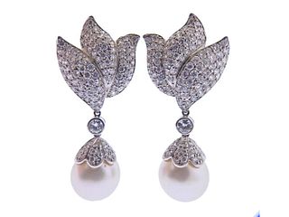 Impressive 6.50cts Diamond South Sea Pearl 18k Gold Earrings 