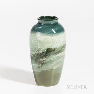 Edward T. Hurley (1869-1950) for Rookwood Pottery Sea Green Glaze Vase, Cincinnati, Ohio, 1901, carved, hand-painted, and glazed stonew