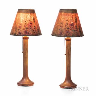 Two Weller Pottery Lamps, Zanesville, Ohio, early 20th century, c. 1920, glazed earthenware with paper shades, candlestick form, impres